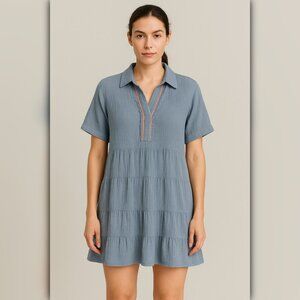 A171-B ✽ Blue Tiered Collared Gauze Mini Dress
